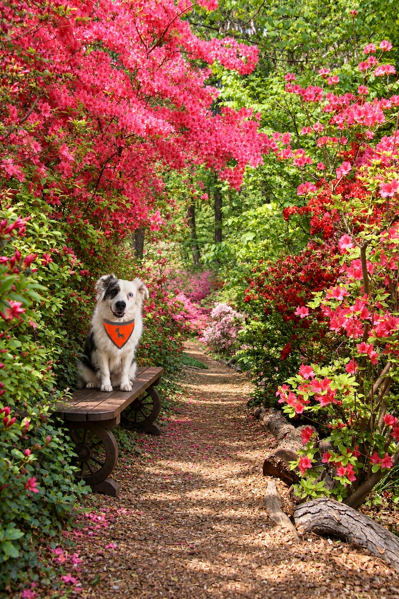 A dog in an orange bandana sitting on a wooden bench along a path lined with pink azaleas