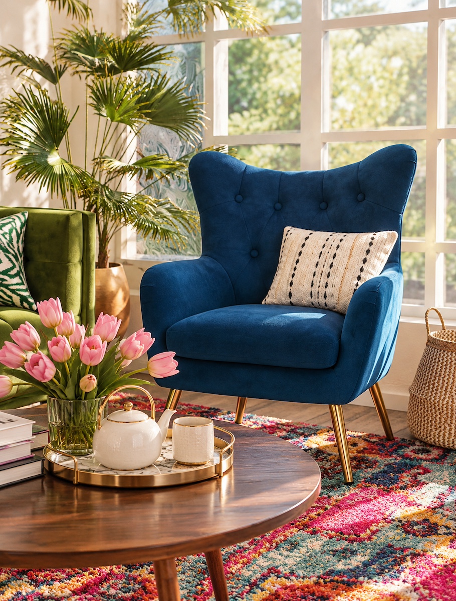 Blue upholstered chair with flowers and a colorful rug