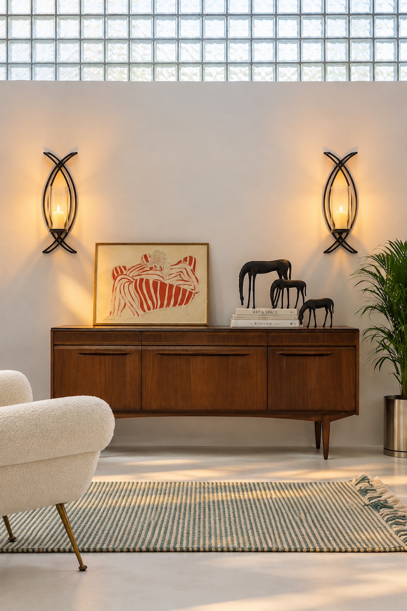 Sculptural objects and art arranged on a wooden sideboard