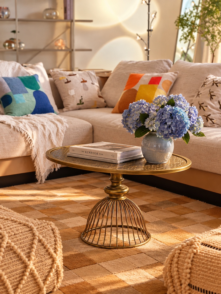 Sunlit living room with colorful cushions, hydrangeas and a sculptural brass table