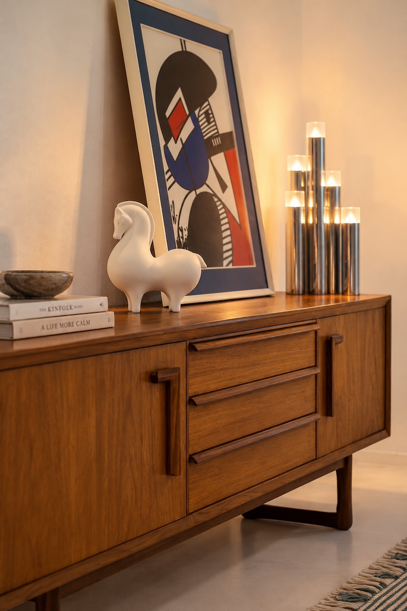 Wooden sideboard with a white horse sculpture, framed abstract art and chrome candle lights